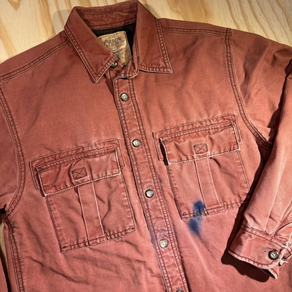 Arrow Men's Quilted Shirt Jacket Shacket Workwear Rust Red Distress Small